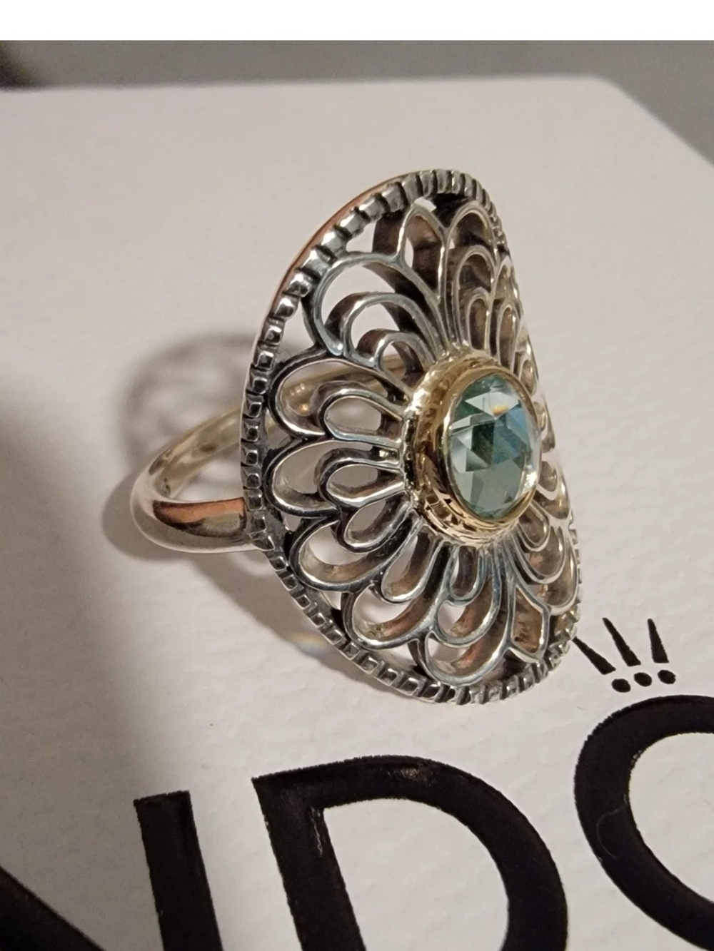 Pandora Vintage Allure Green Sythetic Spinel & 14K Gold Sz 6 With Box
